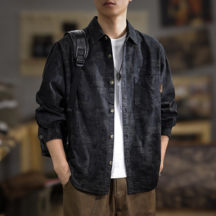 2025新款秋季高级黑色长袖男士衬衫美式春秋潮牌男款休闲衬衣外套