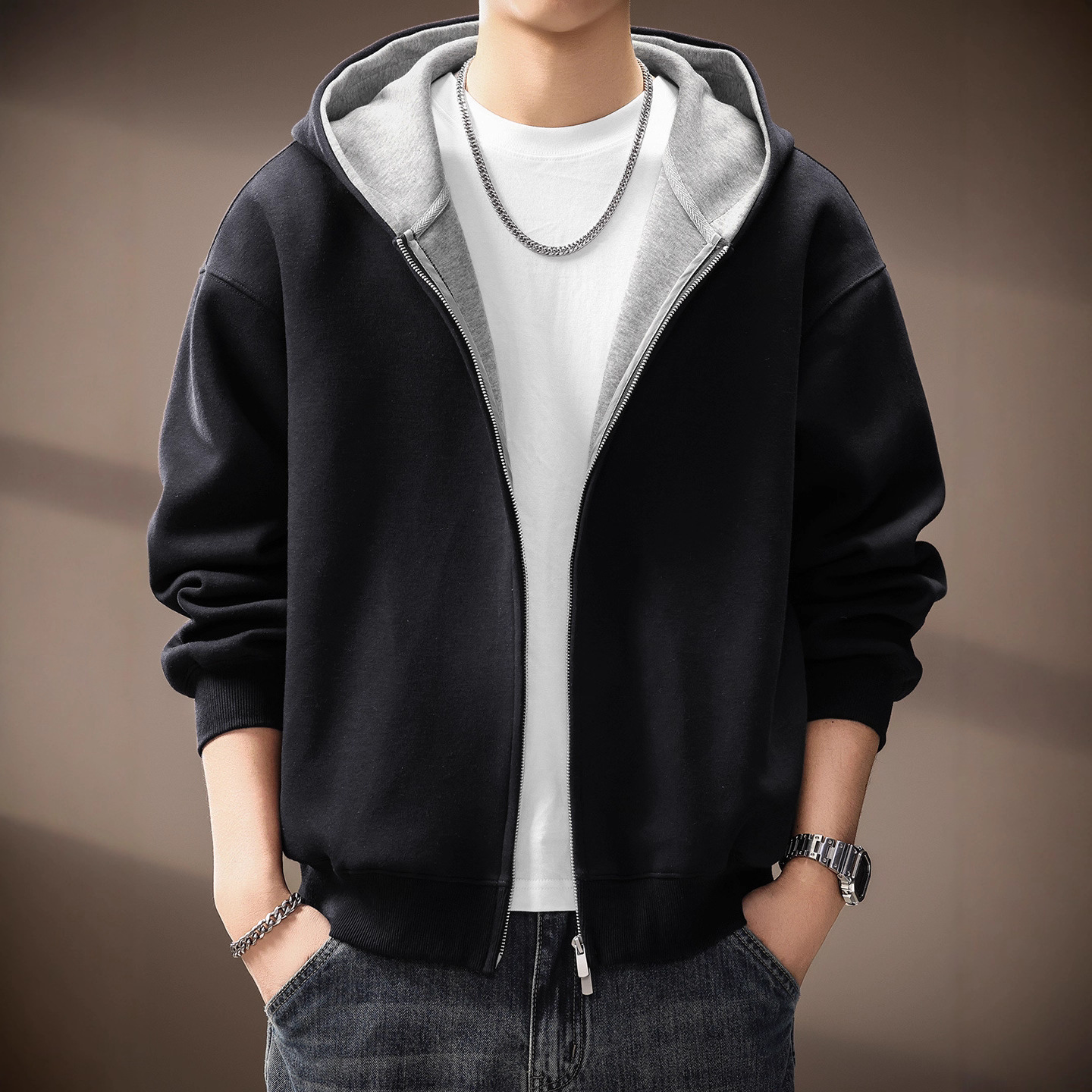 高级感美式重磅双色开衫连帽卫衣