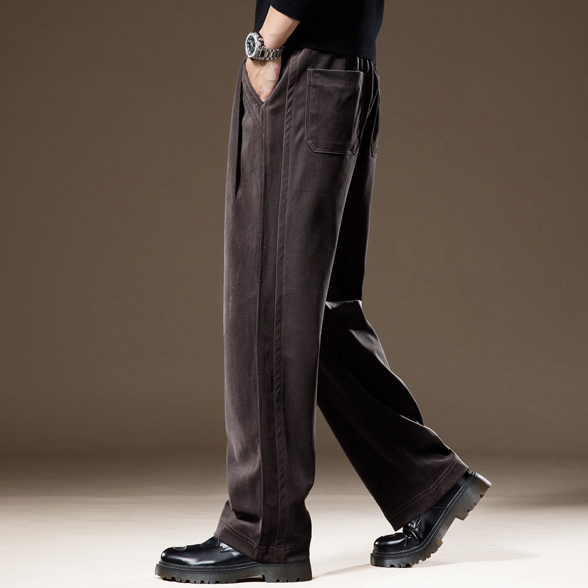 高端软糯雪尼尔垂感卫裤男士秋季加绒运动直筒宽松重磅休闲裤子男