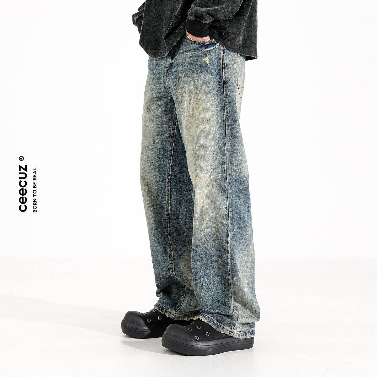 Ceecuz复古水洗破洞直筒牛仔裤男款做旧cleanfit宽松阔腿休闲长裤