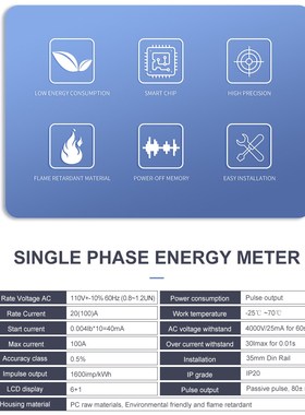 20(100)A 110V 60HZ DDS238-4  Single phase Din rail KWH Watt