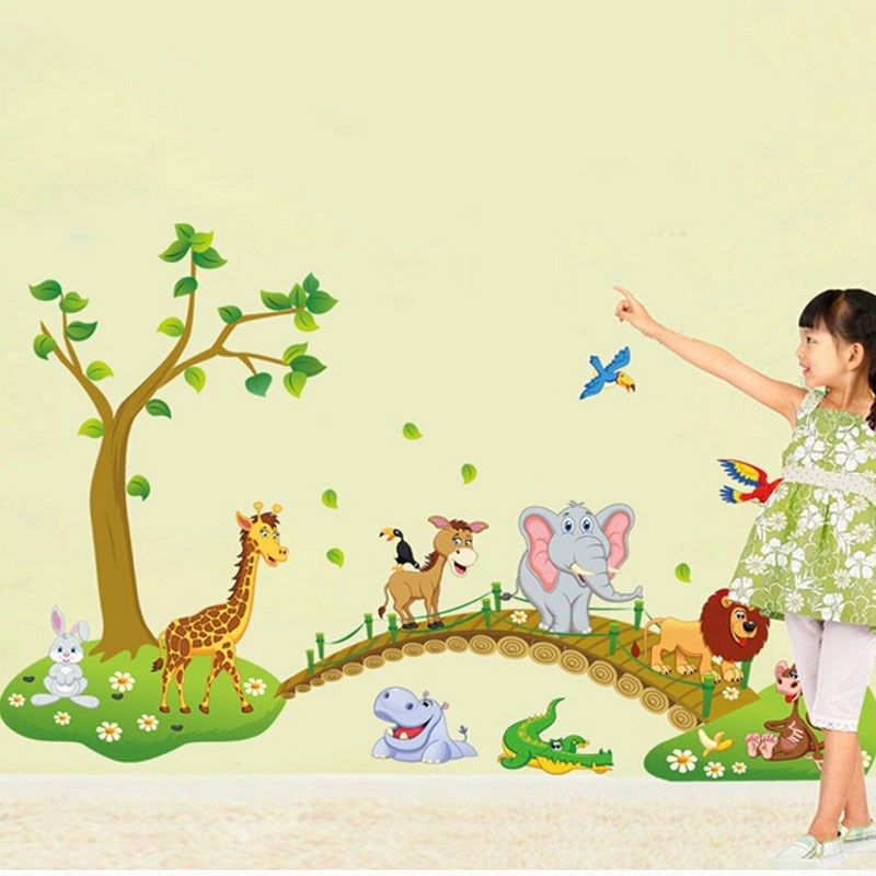 cartoon est animals wall ers tree bridge lion giraffe elepha