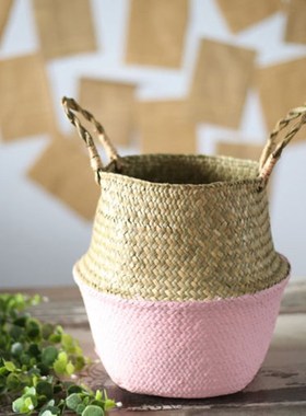 Mini Bamboo Storage Baskets Foldable Laundry Straw Patchwork