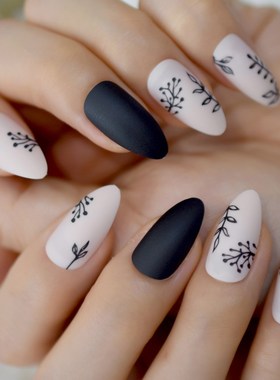 EchiQ Almond Press On Nails Black Ferns Pattern Matte Faux