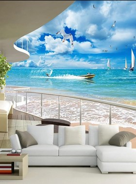 Custom 3D Mural Mediterranean Modern Balcony Sea Blue Sky Mu