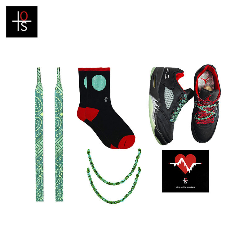 iots ss22 中国玉系列aj5黑红丝绸翡翠莲花复古玉石鞋带袜子套装