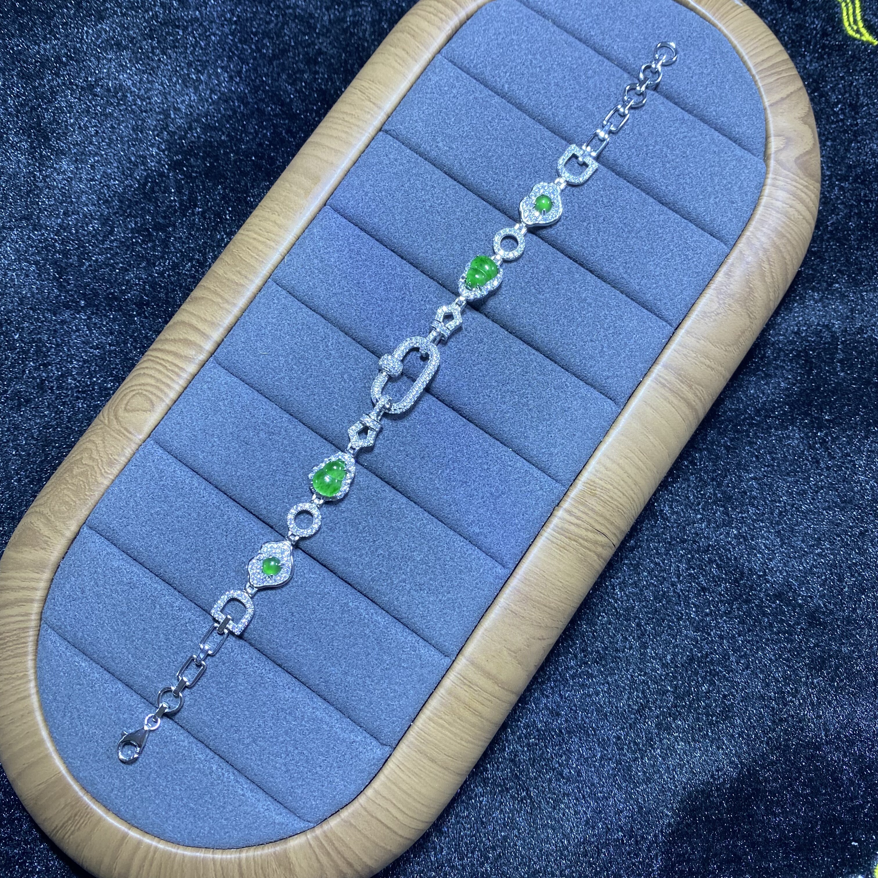 新款A货冰种翡翠葫芦万能扣手链生日礼物S925银镶嵌电镀18K金