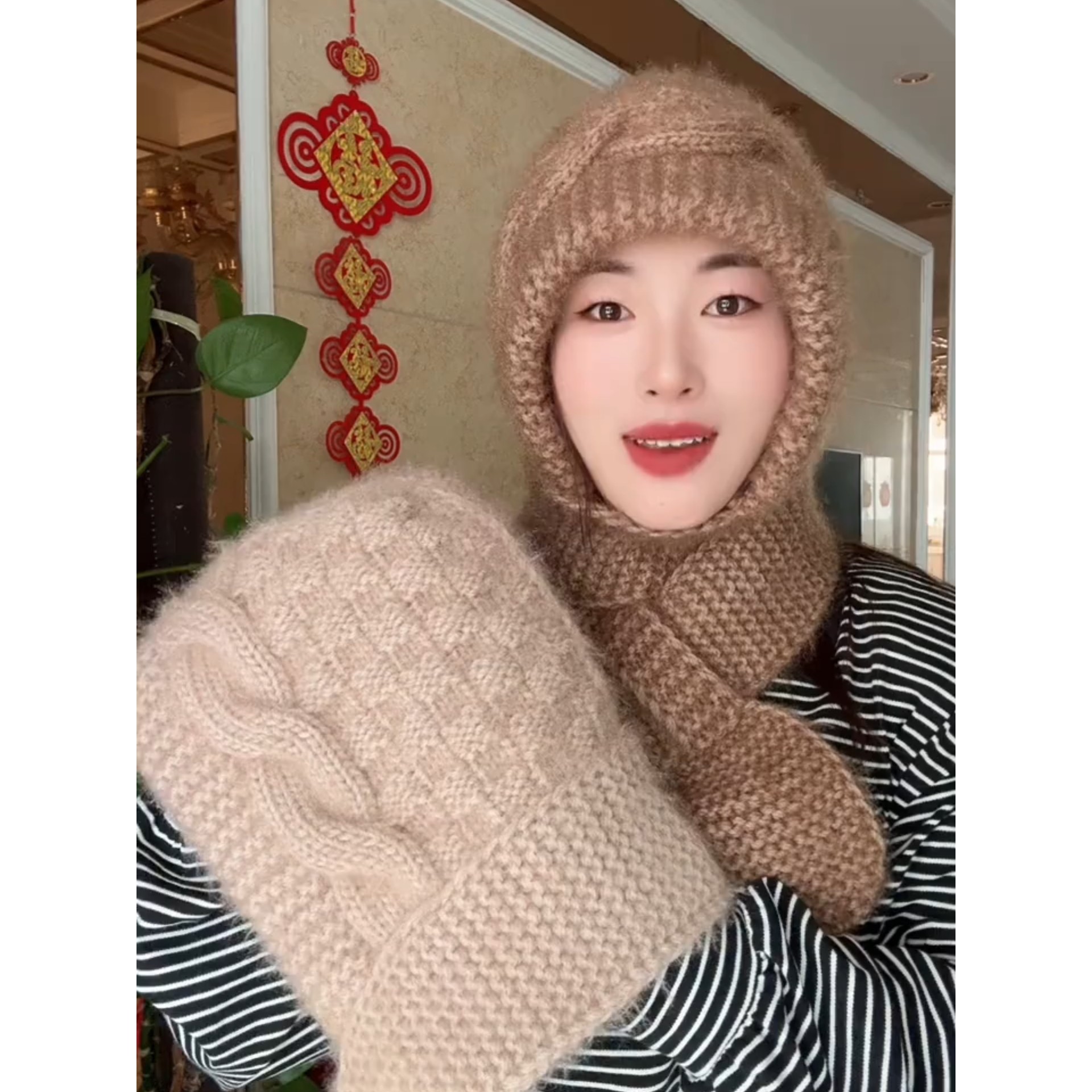 针织帽冬帽女士加厚保暖毛线帽子围巾一体秋冬季大头围户外风雪帽