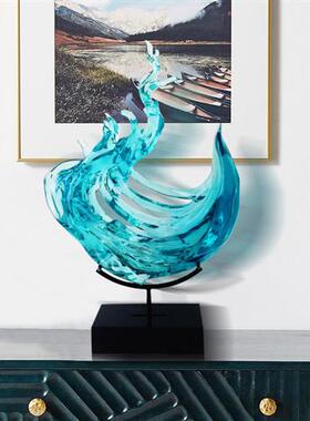 酒店样板间玄关客厅装饰品摆件现代别墅办公室透明树脂水浪花雕塑