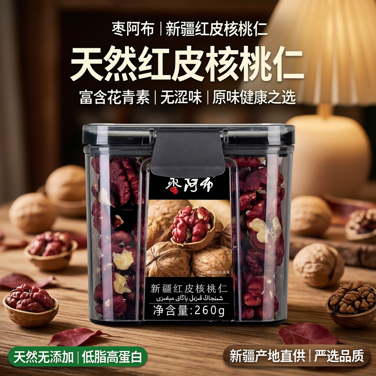 枣阿布新疆红衣核桃仁260g/罐生红皮核桃仁原味丰富花青素无涩味