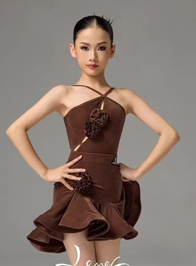 LEVEL少儿拉丁舞服挂脖花朵上衣丝绒短裙套装练习练功训练服咖色
