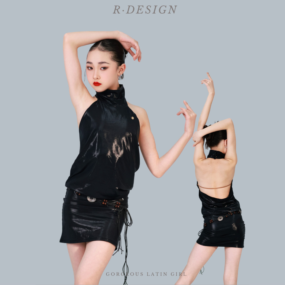 R.Design拉丁舞挂脖上衣连衣裙亮片套装练习练功训练服黑色