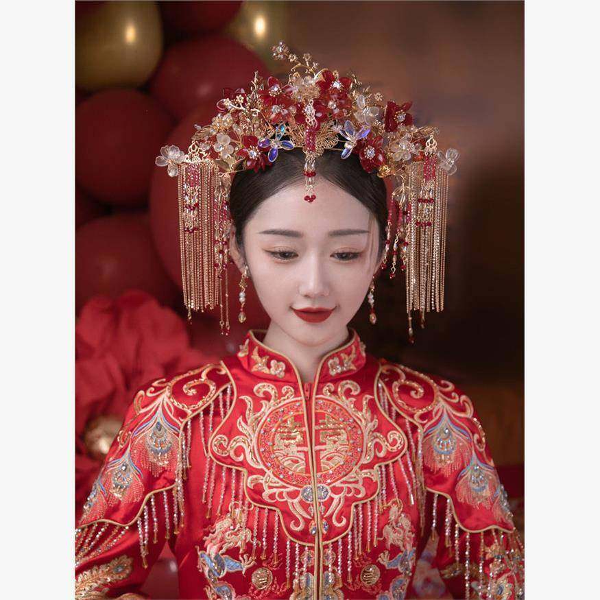 中式凤冠流苏红色古装手工前后冠古典结婚发饰汉服秀禾服婚礼头饰