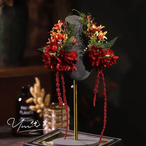 新中式新娘旗袍头饰红色仿真花朵发饰敬酒服侧边盘发晨袍造型配饰