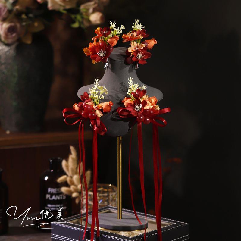 新中式红色提仙子花朵蝴蝶结流苏发夹新娘结婚晨袍敬酒服头饰简约