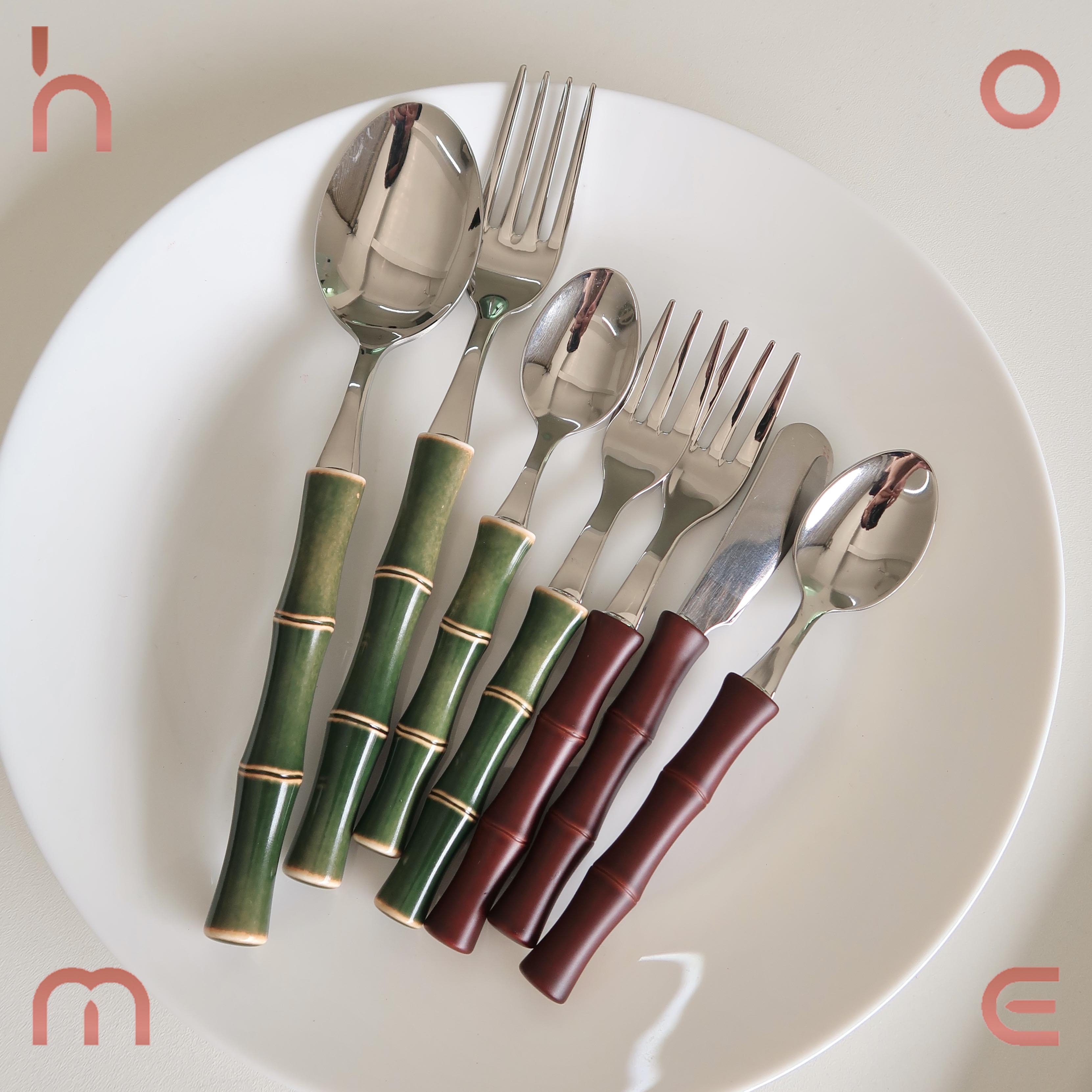 现货 意大利进口NEVA 竹节系列绿/棕色316不锈钢西餐具套装刀叉勺