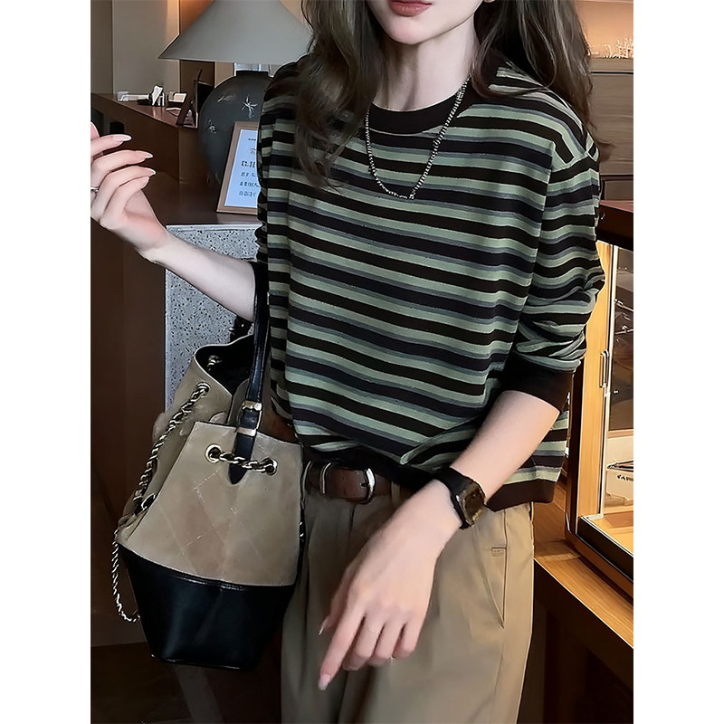 小众设计感条纹印花长袖T恤女2026春秋新款撞色圆领休闲百搭上衣