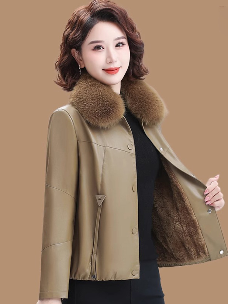 中年妈妈皮衣外套女士冬季加绒加厚2025新款宽松大码短款洋气棉衣