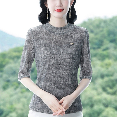 中年妈妈印花网纱半高领中袖上衣2026春夏新款修身显瘦七分袖t恤