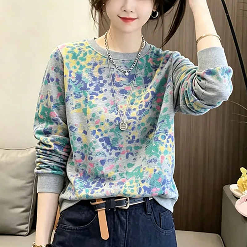 彩色晕染碎花圆领长袖卫衣2026秋季新款休闲百搭套头宽松通勤绒衫