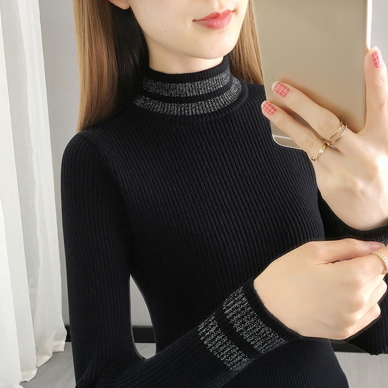 黑色长袖内搭打底衫女秋冬新款修身显瘦亮丝针织衫短款半高领毛衣