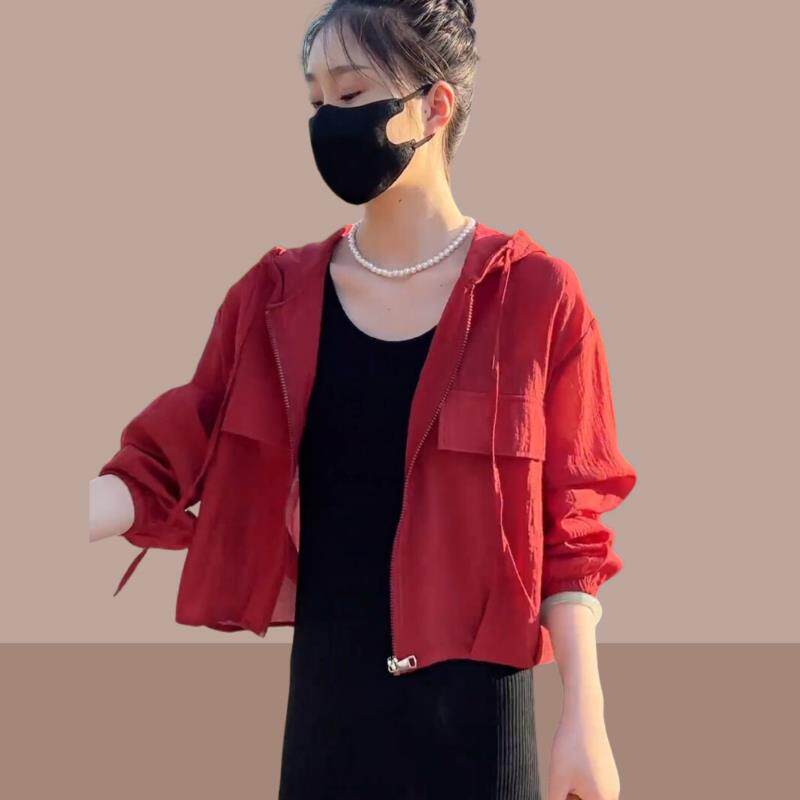 时尚薄纱连帽防晒衣女士2026夏季新款宽松小个子透气短款外套上衣