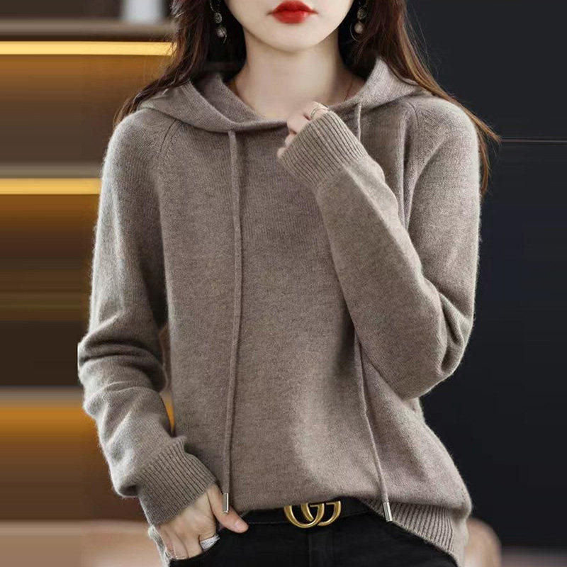 休闲简约大码女装连帽针织卫衣秋冬2026新款宽松百搭纯色长袖上衣