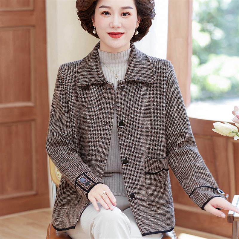 韩版百搭中老年妈妈休闲小西装2026春秋新款千鸟格大码宽松短外套