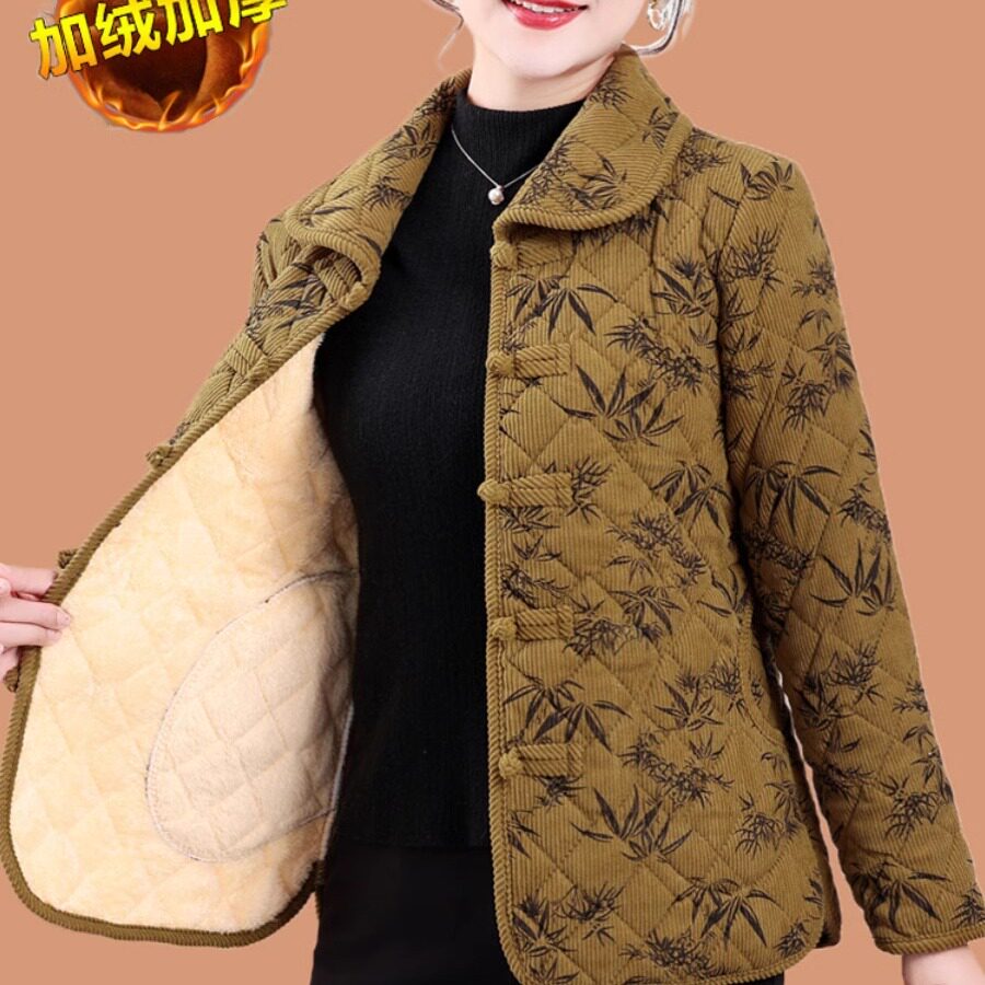 中老年妈妈翻领棉衣女士冬季加绒加厚宽松大码新款碎花小棉衣外套
