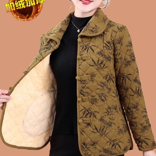 中老年妈妈翻领棉衣女士冬季加绒加厚宽松大码新款碎花小棉衣外套