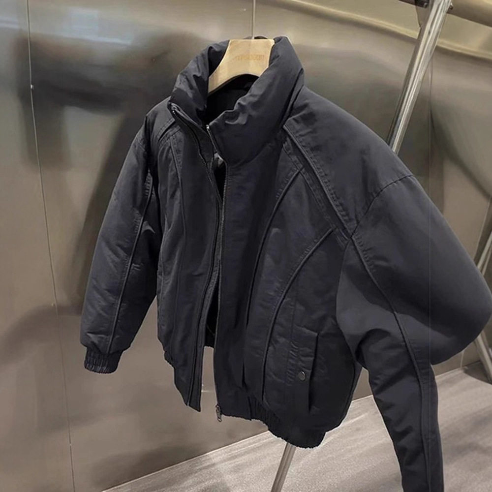 美式立领廓形短款棉服男款冬季设计感拼接飞行夹克bomber工装外套