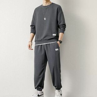 2023华夫格套装男长袖t恤潮流大码秋冬季新款休闲青少年透气卫衣