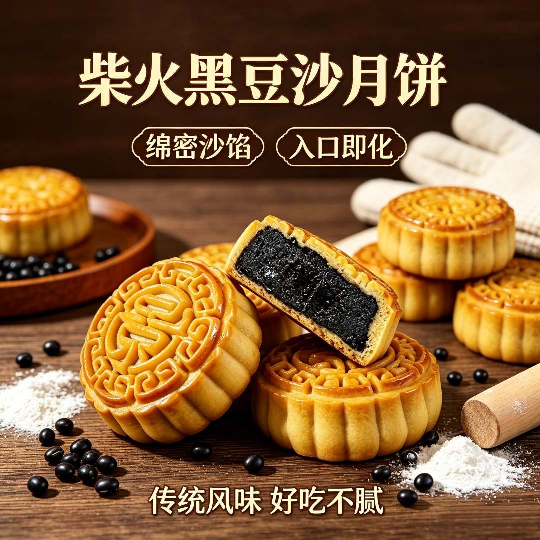 广式风味特产柴火黑豆沙月饼传统豆沙月饼细腻沙馅好吃不腻
