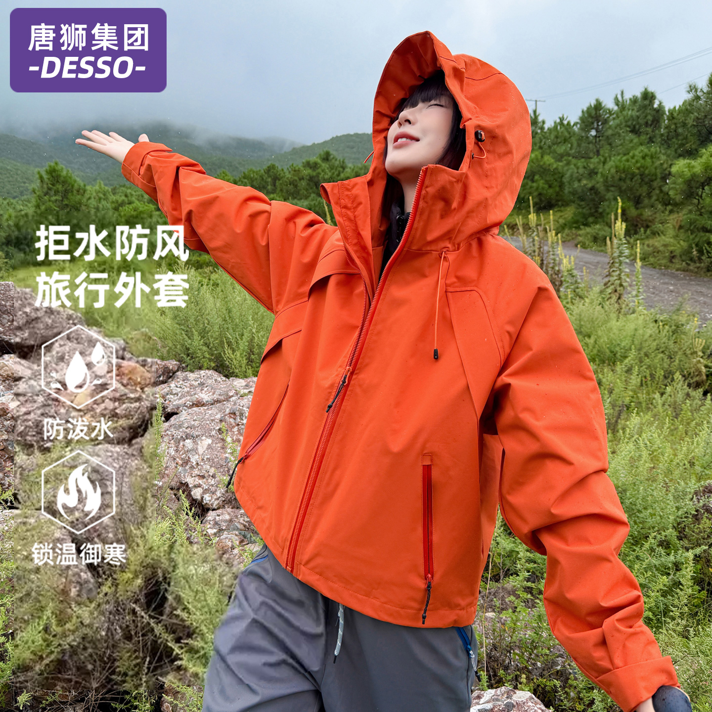 唐狮集团DESSO短款冲锋衣女款2025新款春秋户外小个子三合一外套