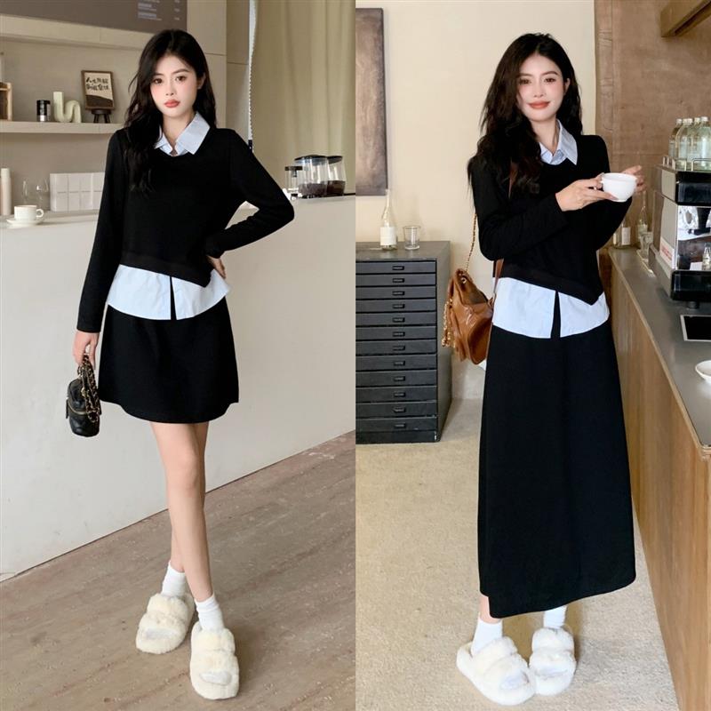 撞色假两件上衣半身裙套装女秋冬大码微胖妹妹洋气时髦显瘦两件套