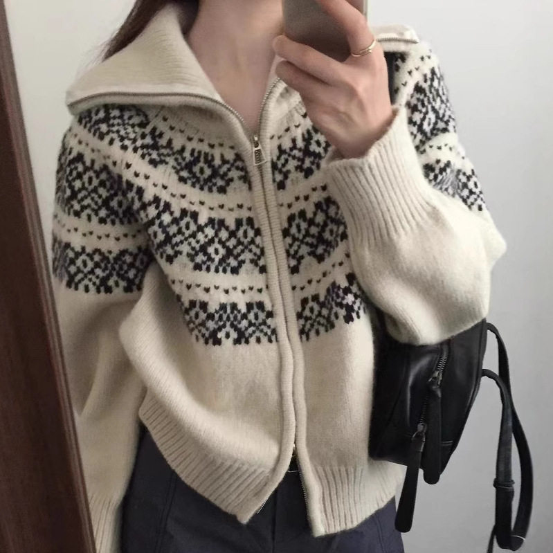 韩国2025春秋冬复古慵懒风翻领费尔岛提花开衫宽松针织衫毛衣外套