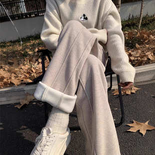 2025新款休闲裤日常百搭通勤慵懒加绒加厚小个子保暖人字纹女宽松