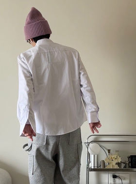 Double99韩版潮流男士宽松白色长袖休闲纯色衬衣衬衫