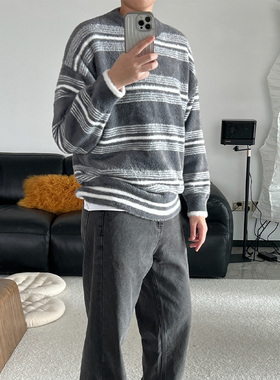 Double99美式潮牌马海毛条纹毛衣圆领套头宽松针织衫上衣男女
