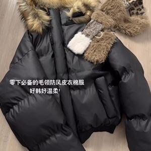 高级感羽绒棉服女2025新款冬季可拆卸毛领加厚pu皮派克服棉袄外套