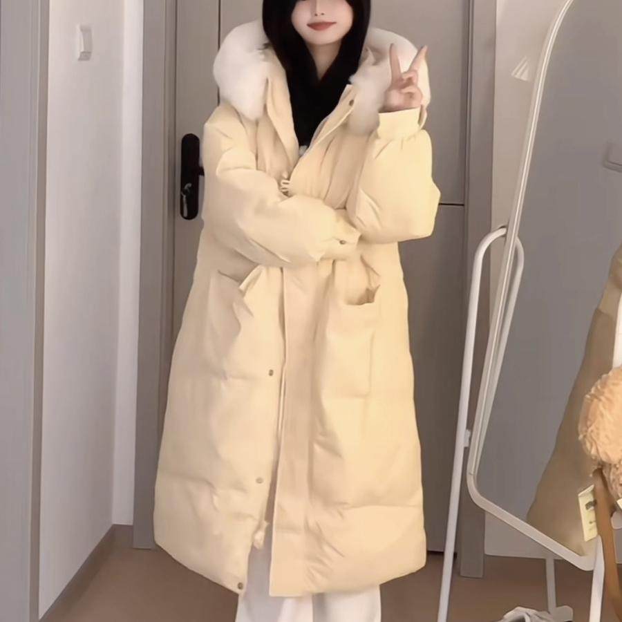 大毛领羽绒棉服女冬季2025新款中长款过膝棉衣加厚派克服棉袄外套
