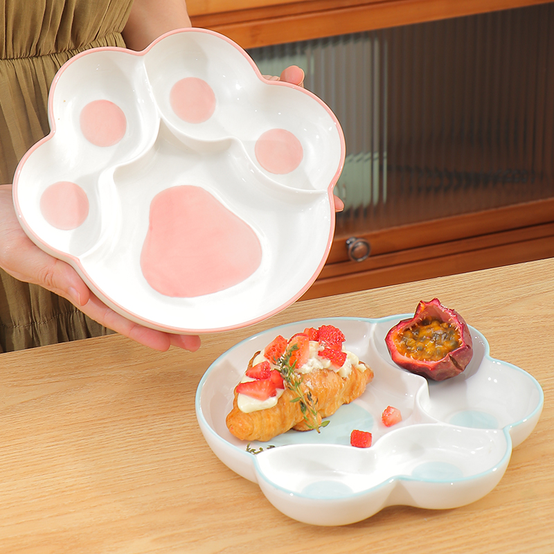 萌格调分格盘陶瓷可爱猫爪形状