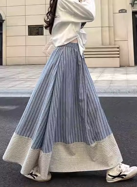 3-24H 春夏新款竖条格子裙大摆中长休闲裙    2092