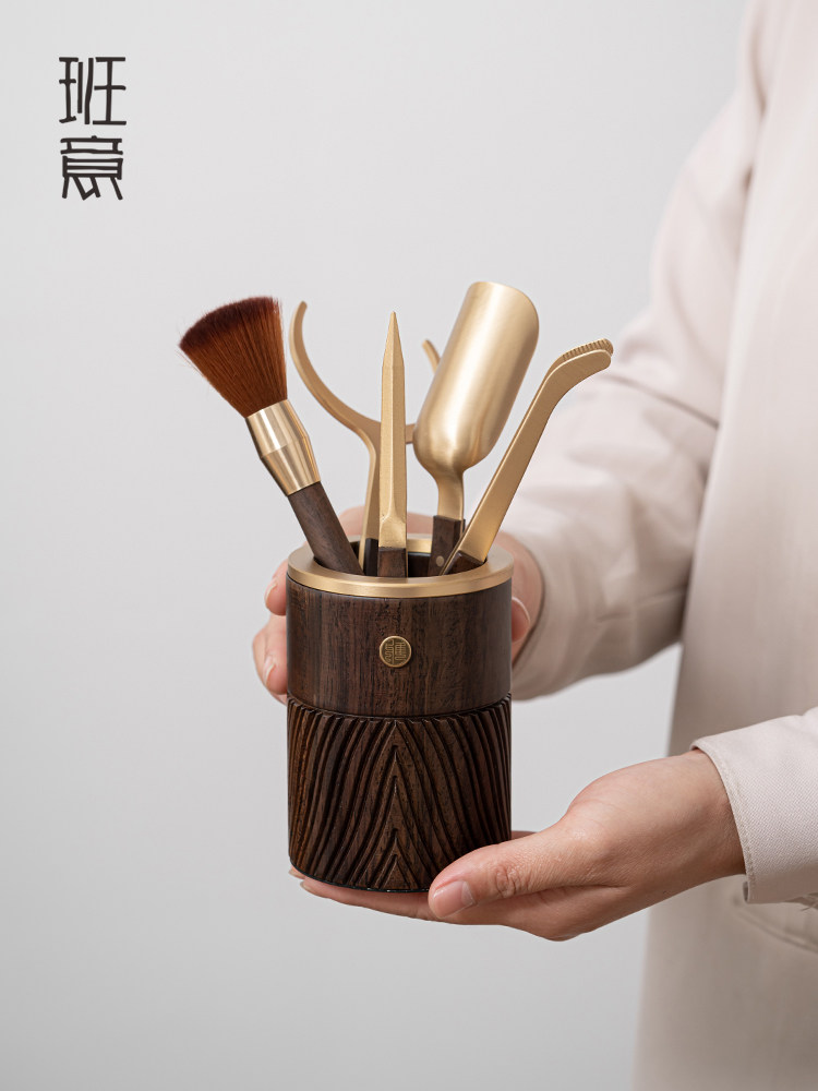 半艺六君子实木乌木套铜功夫茶具配件茶夹笔架杯叉杯垫