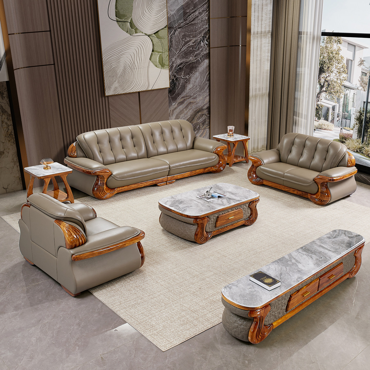 新中式乌金木真皮沙发现代高端别墅客厅大平层青皮纯实木沙发组合