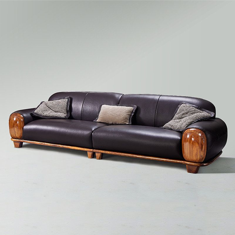 现代乌金木真皮沙发新中式客厅沙发欧式轻奢头层牛皮实木直排沙发