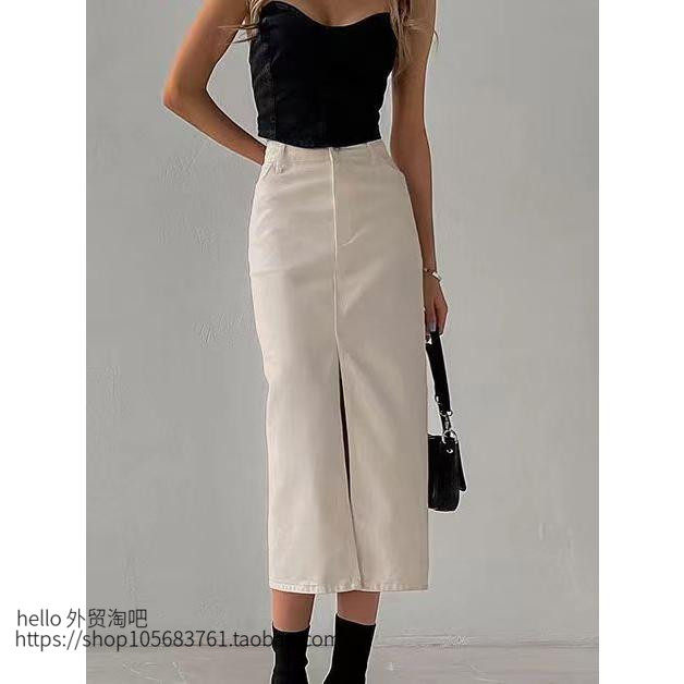 新款夏季法式修身包臀牛仔裙开衩半身裙 High waisted slit skirt