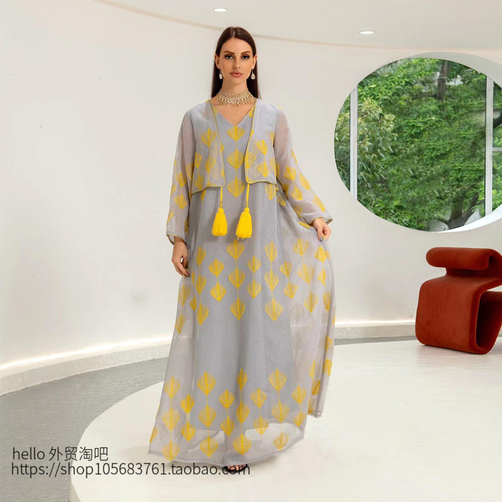 民族风网纱长袍假两件流苏拼接连衣裙 Mesh Splice Tassel Dress