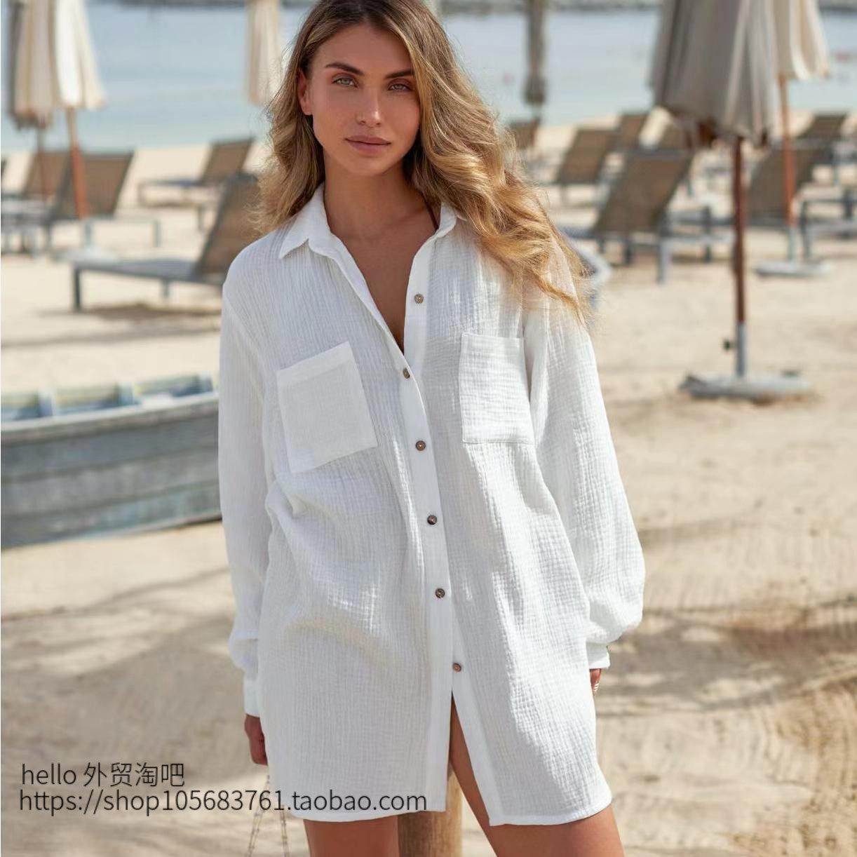 欧美风新款白色绉纱长袖开衩衬衫 Long sleeved slit crepe shirt