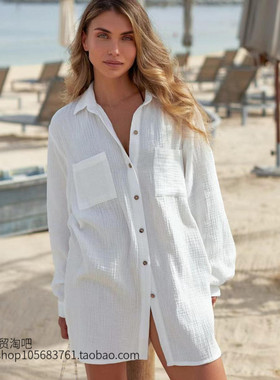 欧美风新款白色绉纱长袖开衩衬衫 Long sleeved slit crepe shirt